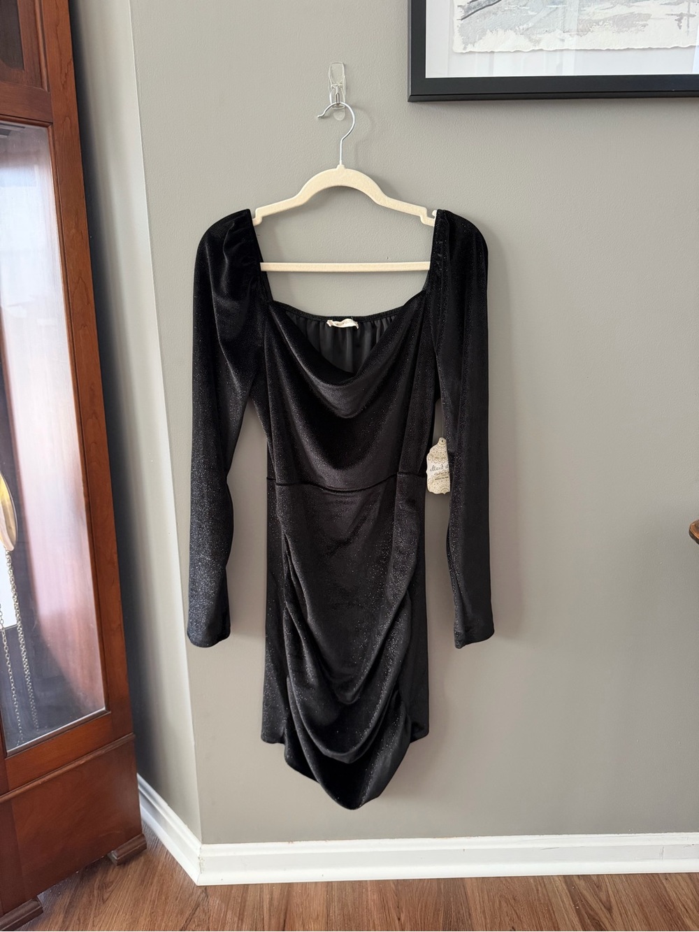 NWT. Altar'd State Black Shimmer Long-Sleeve Drape Front Mini Dress. Medium